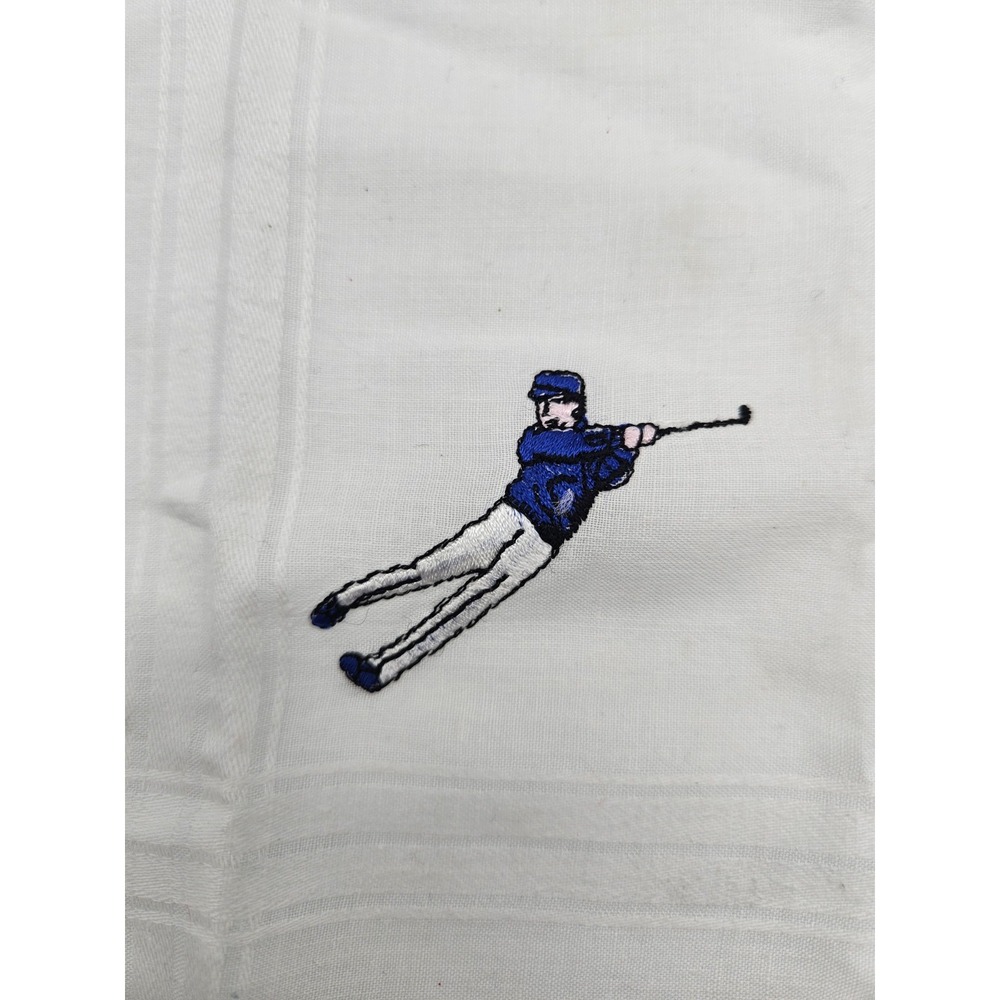 Embroidered Golf Player Handkerchief White Cotton Linen Blend Pocket Square